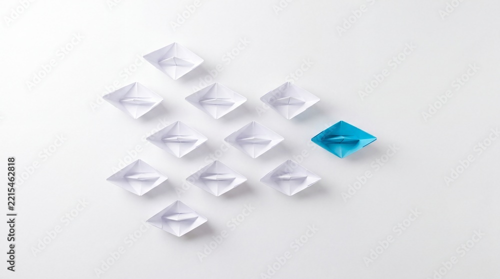 Fototapeta premium Top down view of a single blue paper boat leading a fleet of white origami boats on a white background, symbolizing leadership, business vision, being different, and successful direction.