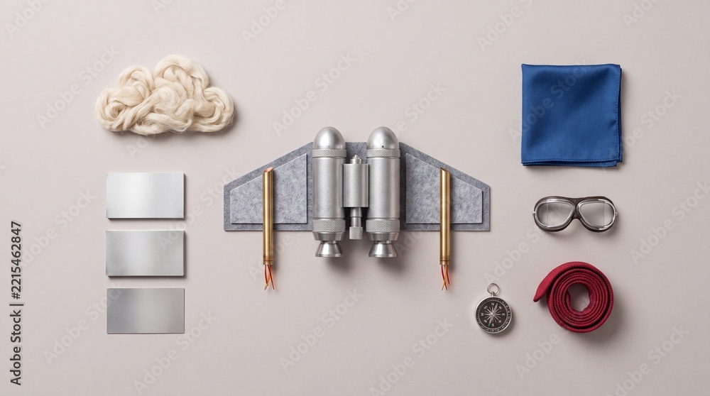 Fototapeta premium Overhead Flat Lay of a Creative Adventure Kit Featuring a Handmade Toy Jetpack, Aviator Goggles, Compass, and Metallic Cards on a Neutral Background, Symbolizing Imagination and Career Growth