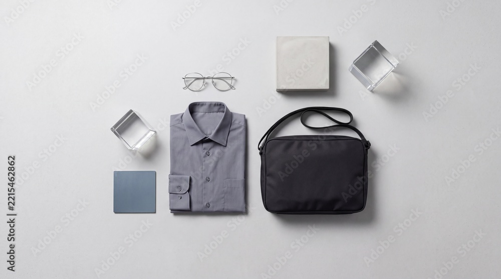 Naklejka premium Minimalist top down flat lay of professional business attire featuring a neatly folded gray long-sleeved shirt, black crossbody messenger bag, eyewear, and geometric props on a light gray background.
