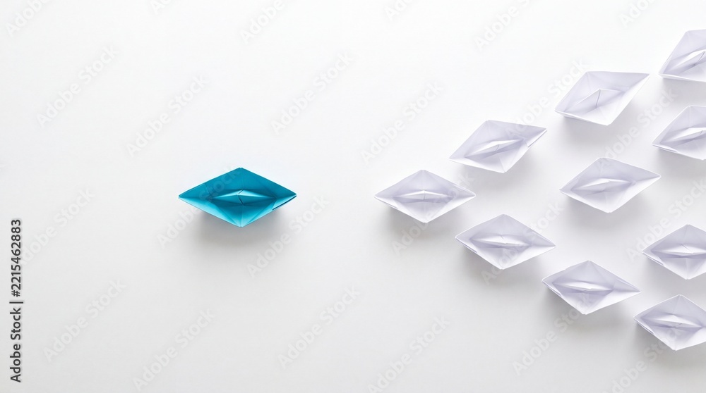 Fototapeta premium A conceptual overhead shot of a single blue origami paper boat leading a group of white paper boats in a structured formation on a plain white surface, symbolizing leadership and business vision.
