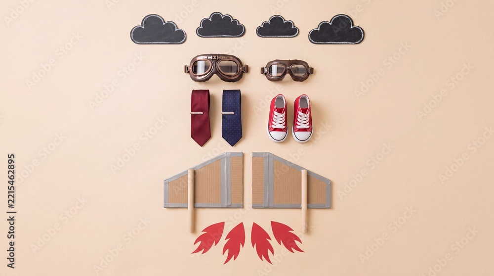 Fototapeta premium Creative flat lay conceptualized as a rocket flight using vintage aviator goggles, cardboard wings, neckties, and red sneakers on beige background representing career goals and father-son mentorship