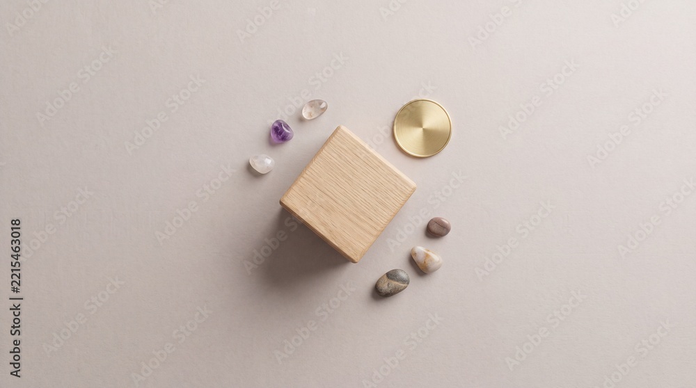 Fototapeta premium Top down overhead view of minimalist wooden cube podium surrounded by amethyst crystals, smooth pebbles and a golden circular plate on a clean beige background for zen and wellness concept