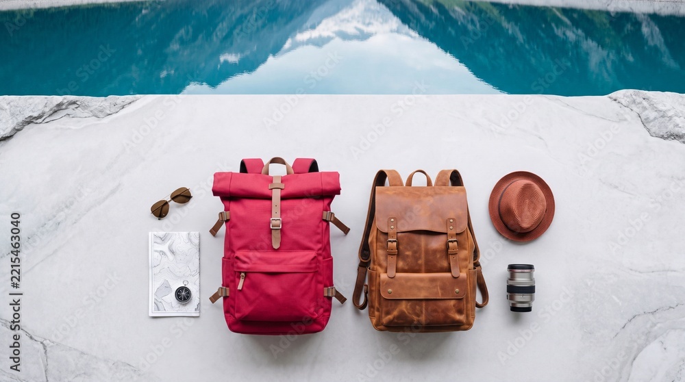 Fototapeta premium High-angle flat lay of travel essentials featuring a red canvas backpack, vintage leather rucksack, map, compass, camera lens, and hat on a stone ledge by a turquoise mountain lake background