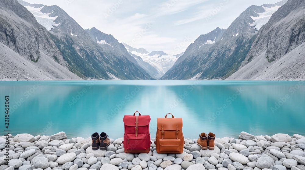 Fototapeta premium Two Backpacks and Hiking Boots Sitting on a Pebble Shore of a Stunning Turquoise Glacial Lake Surrounded by Majestic Snow-Capped Mountains, Concept of Outdoor Adventure, Hiking, and Travel