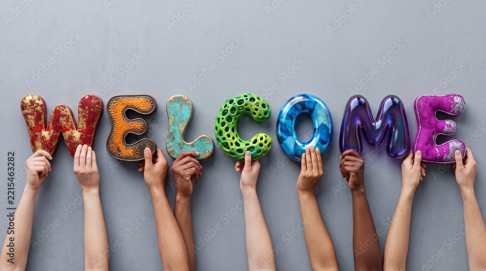 Fototapeta premium Top view of diverse multi-ethnic hands holding creative colorful 3D letters spelling the word Welcome on gray background, concept of hospitality, inclusion, teamwork, and global greeting.