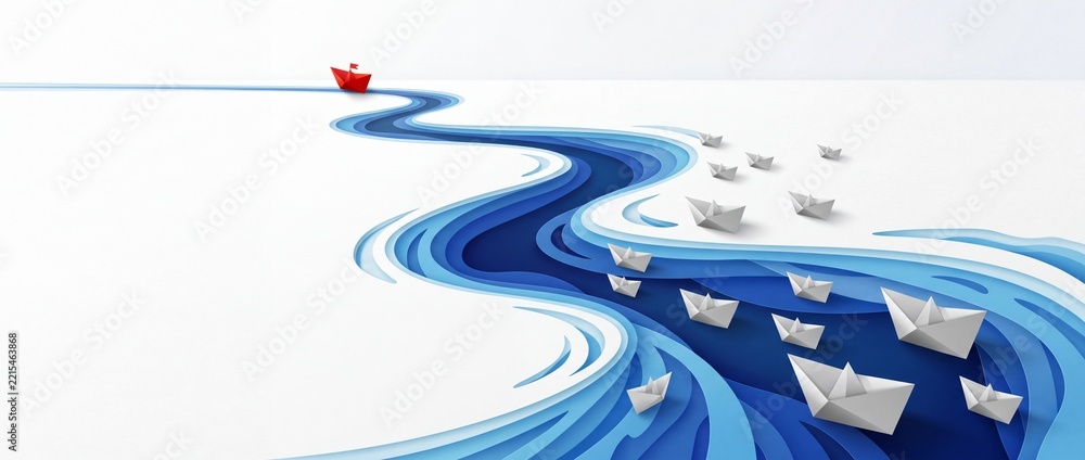 Fototapeta premium Leadership concept with a single red paper boat leading a group of white paper boats along a winding blue river path in a 3D paper cut style, symbolic of business strategy and individuality.
