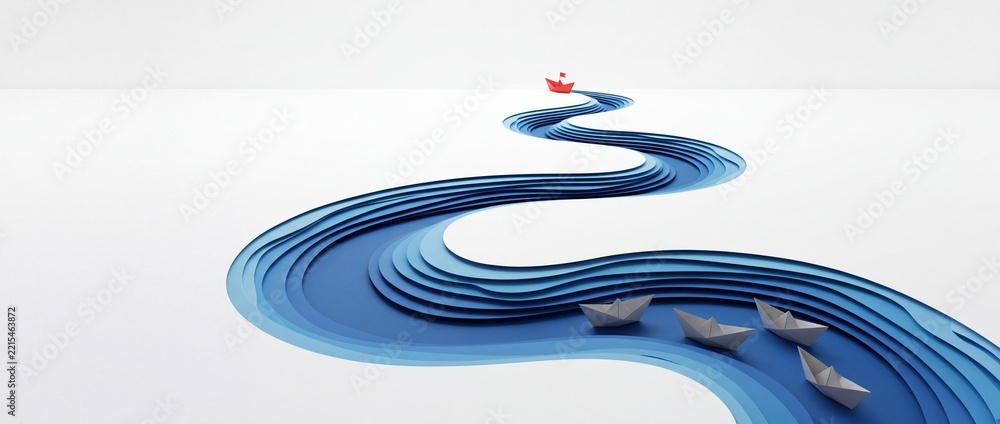 Fototapeta premium Conceptual 3D paper cut art of a winding blue river with one red paper boat leading several white boats, symbolizing leadership, business strategy, vision, and unique direction in a market.