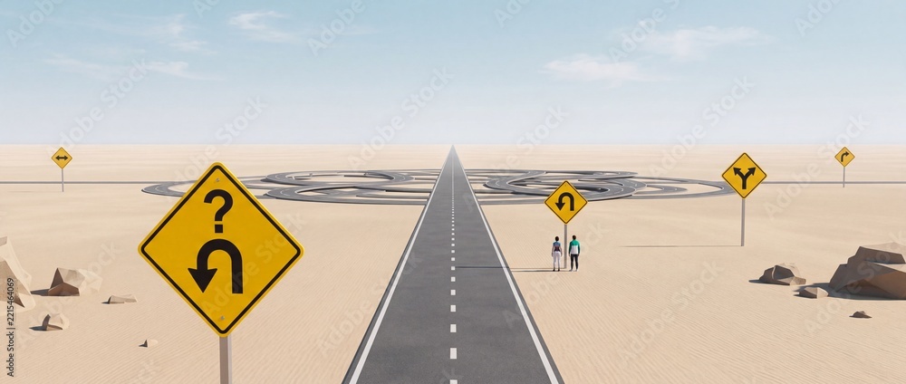 Naklejka premium Wide conceptual illustration of a straight asphalt road in a desert leading to a complex circular highway maze with yellow traffic signs symbolizing confusion, life choices, and decision making.