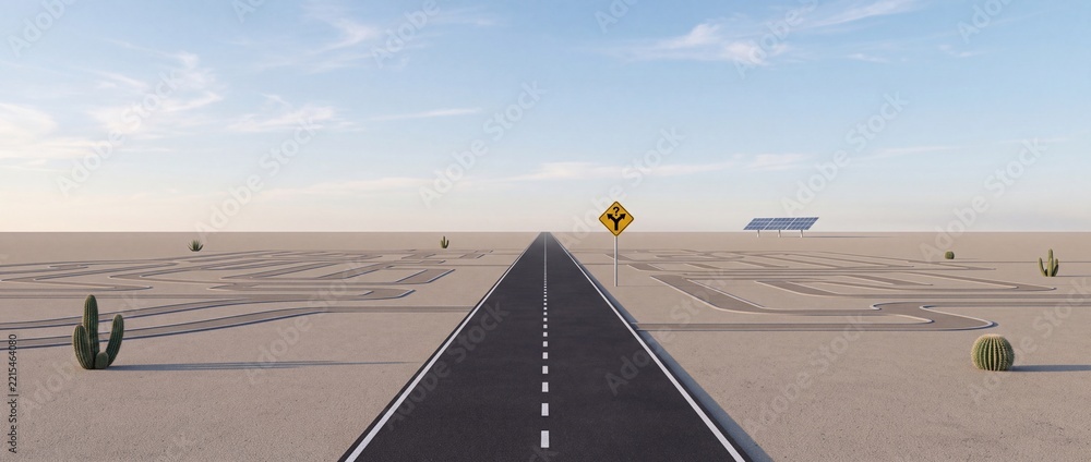 Fototapeta premium Conceptual Straight Asphalt Road Stretching Through a Desert Maze Landscape with a Yellow Warning Sign Featuring a Question Mark and Diverging Arrows Representing Business Decisions and Strategy