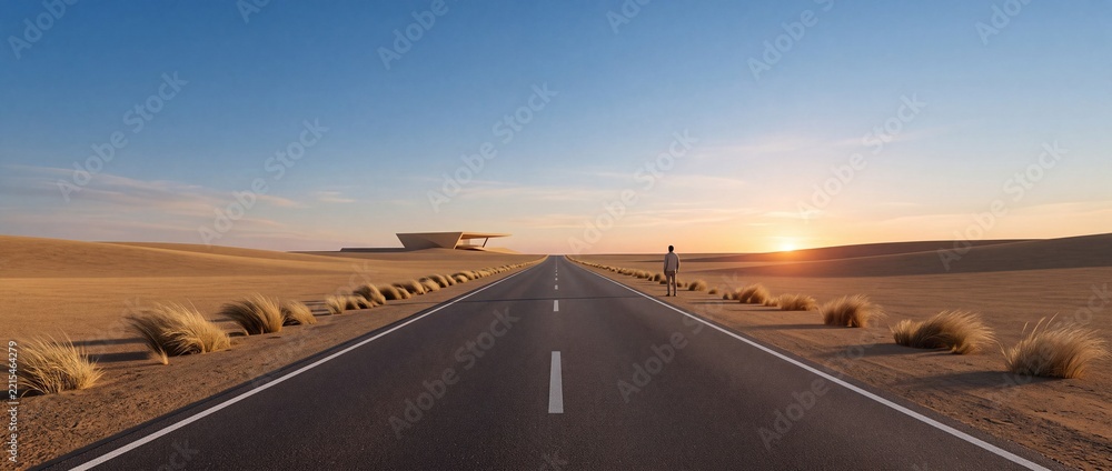 Fototapeta premium Man standing on a long asphalt road in a vast desert landscape at sunset with a futuristic minimalist building on the horizon, symbolizing a long journey, career goals, and future vision.