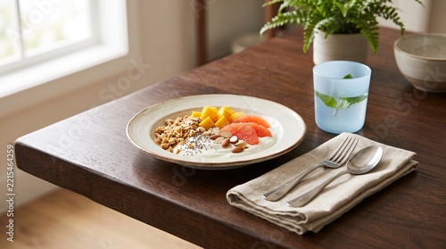 Healthy Breakfast Plate with Granola Fruit Yogurt and Water Glass on Wooden Table