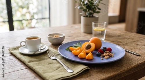 Healthy Fruit Breakfast with Coffee and Water in Cozy Home Setting