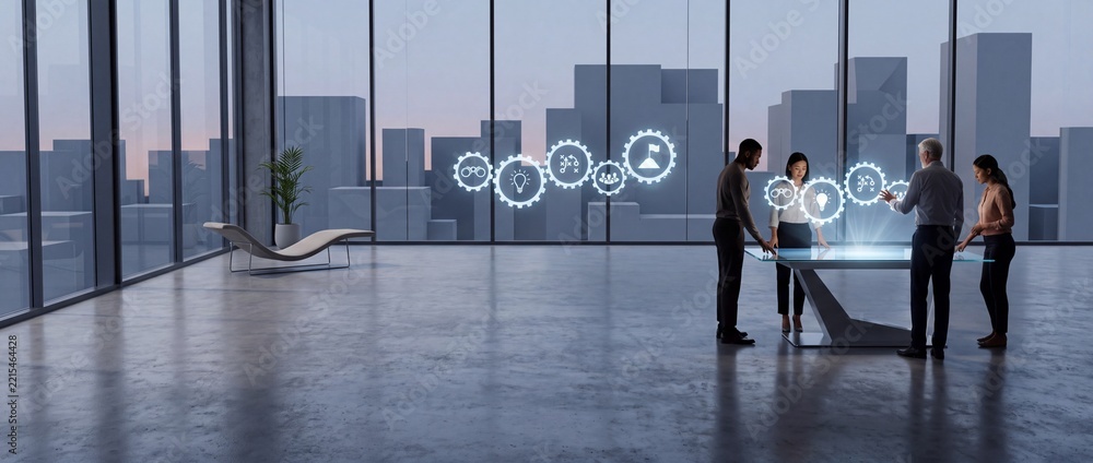 Fototapeta premium Diverse Professional Team Collaborating Around a Futuristic Interactive Touchscreen Table with Holographic Gear Icons in a Minimalist High-Rise Office Overlooking a Cityscape at Dusk