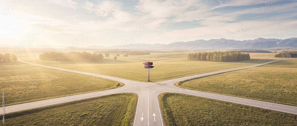 Fototapeta premium A wide panoramic landscape featuring a four-way crossroad with a signpost and directional arrows, symbolizing decision-making, choosing a life path, and strategic future planning at sunset.