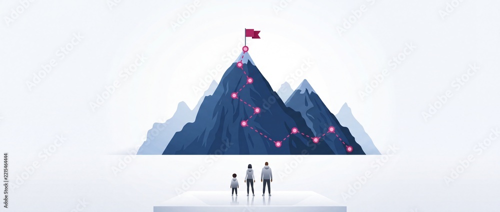 Fototapeta premium Conceptual illustration of a family looking at a mountain peak with a red flag and a winding dotted roadmap path, symbolizing achievement, life goals, financial planning, and future success.