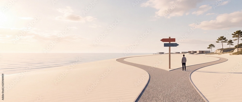 Naklejka premium A man stands at a crossroads on a path along a sunny beach with a directional signpost, symbolizing life choices, career decisions, future opportunities, and finding the right way forward.