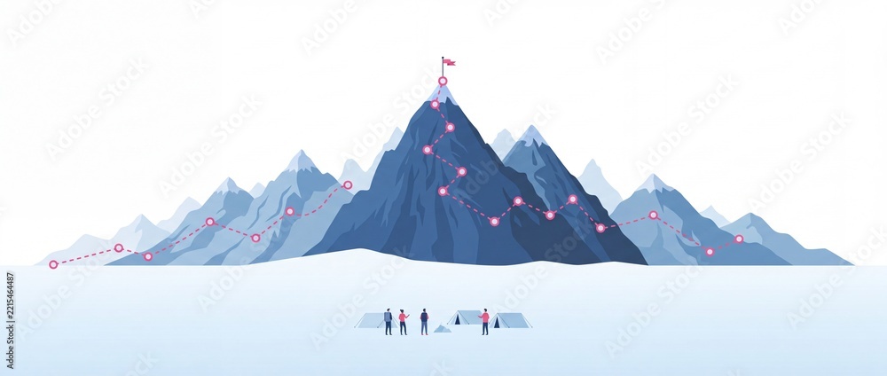 Fototapeta premium Conceptual Vector Illustration of a Team at Base Camp Planning a Route to the Mountain Summit with a Flag, Representing Business Achievement, Success Roadmap, and Strategic Goals