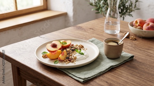 Healthy Breakfast Peach Yogurt Granola with Fresh Fruit and Coffee on Wooden Table