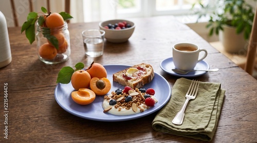 Fresh Fruit Breakfast with Yogurt Granola Toast and Coffee on Wooden Table