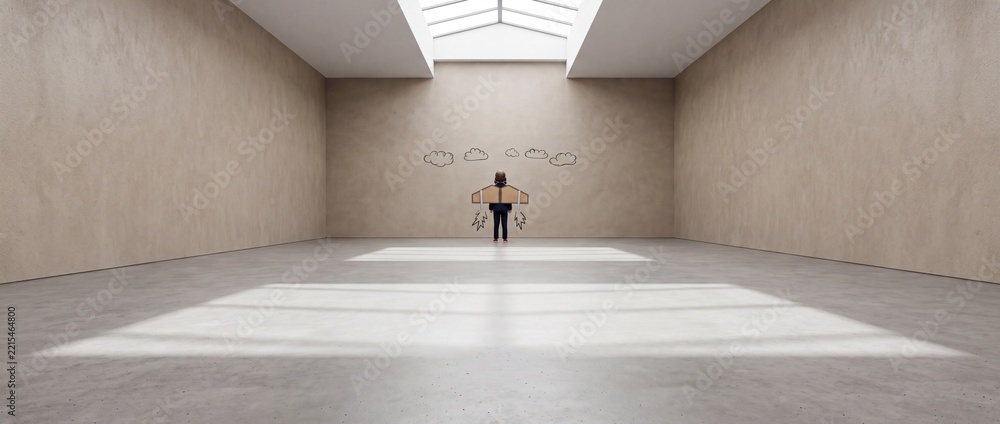Naklejka premium Young Boy Wearing Cardboard Wings Standing in Large Minimalist Concrete Room Facing Drawn Clouds Under Skylight, Concept for Imagination, Future Ambition, and Business Startup Potential