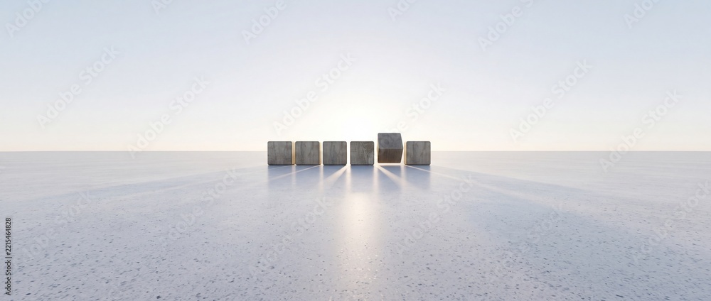 Fototapeta premium Minimalist Wide Landscape Featuring Wooden Cubes Arranged in a Row on a Textured Ground Under a Bright Hazy Sky with One Block Out of Alignment for Business Progress Concept