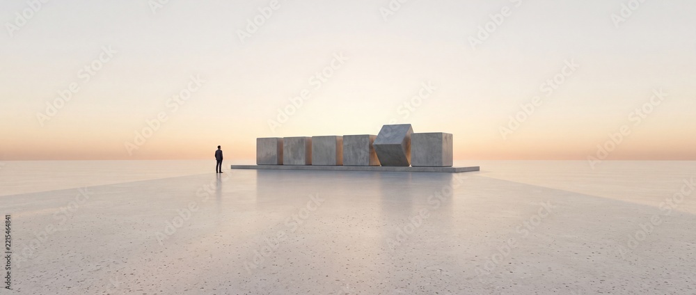 Fototapeta premium Minimalist concept of a businessman standing before large stone blocks on a vast horizon at sunset, representing business strategy, leadership, individuality, and overcoming corporate challenges.