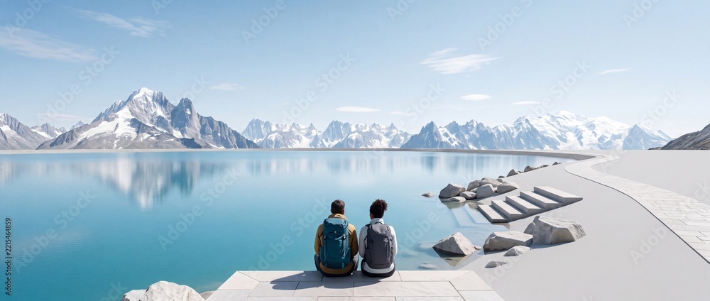 Fototapeta premium Rear view of a young couple with backpacks sitting on a modern stone platform by a calm turquoise mountain lake, admiring the breathtaking snow-capped alpine peaks under a clear blue sky.