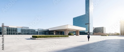 Wide angle view of a modern glass office building complex with a large open plaza and a professional walking towards the entrance on a bright sunny day, urban architecture and corporate concept.