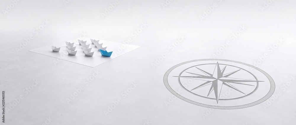 Fototapeta premium Blue paper boat leading a group of white origami boats towards a compass rose symbol on a clean white background, symbolizing leadership, business strategy, direction, and corporate vision.