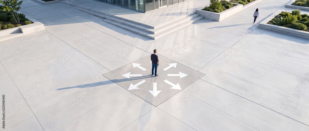 Fototapeta premium Businessman Standing in the Center of Multiple Arrows Pointing in Different Directions in a Modern Outdoor Plaza, Representing Life Choices, Career Decisions, Strategy, and Opportunity