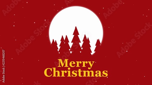 Merry Christmas greeting animation with pine trees silhouette and full moon on red background