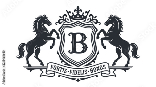 Elegant heraldic emblem featuring a letter B inside a shield with two rearing horses and a crown.