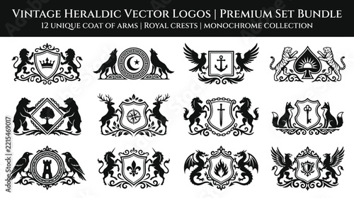 Set of twelve vintage heraldic coat of arms and royal crests in monochrome style.