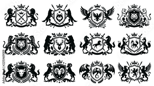 Set of twelve heraldic royal crests with animals and shields in black and white.