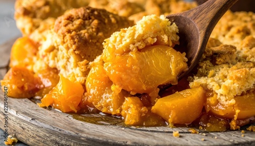 Delicious peach cobbler with crumble topping.