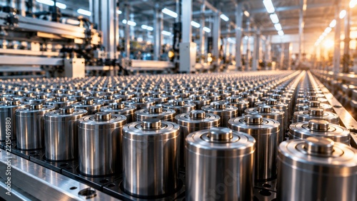 High-angle close-up view of countless cylindrical lithium-ion battery cells moving along automated conveyor belt line inside modern high-tech gigafactory facility with bright sunlight in background.
