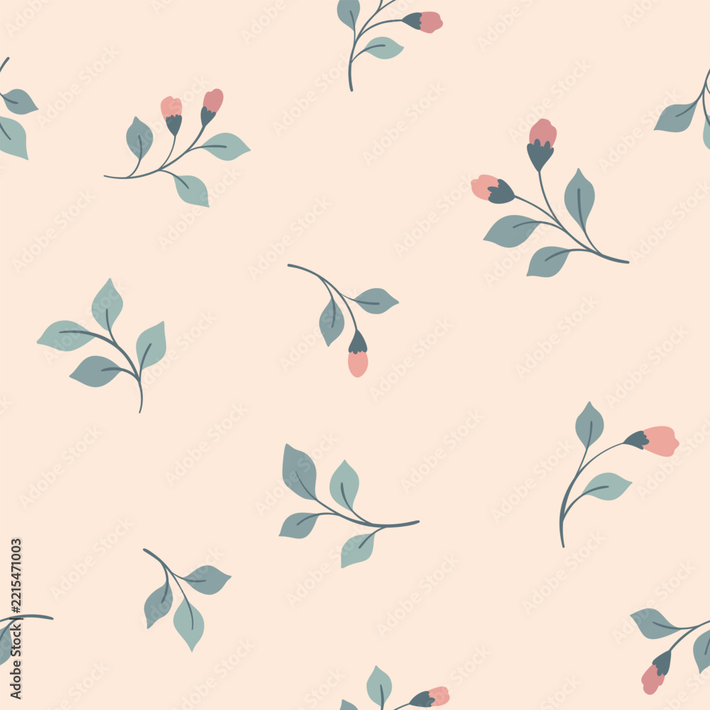 Fototapeta premium Seamless floral pattern, romantic ditsy print of tiny hand drawn twigs in pastel colors. Cute botanical design in folk motif. Small flowers, mini plants, leaves, white background. Vector illustration.