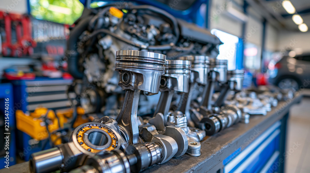 Fototapeta premium Automotive engine pistons and connecting rods arranged with crankshaft bearings, valves and other precision auto parts across a sturdy workbench in a professional repair workshop, detailed metal tex