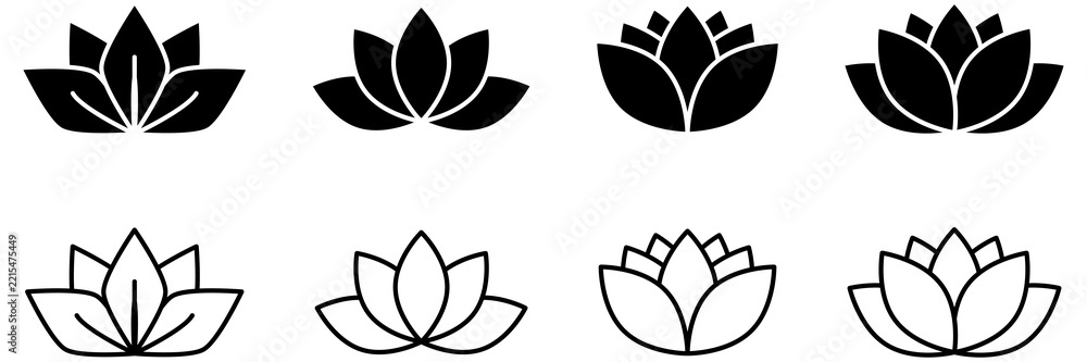 Fototapeta premium lotus flower icon set in outline, solid black silhouette. lotus flower icons for yoga, relax, calm, spa, wellness, harmony, and meditation app and brand designs. web icons symbols
