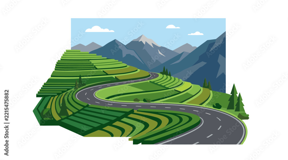 Fototapeta premium Winding Road Through Lush Green Mountain Rice Terraces Illustration
