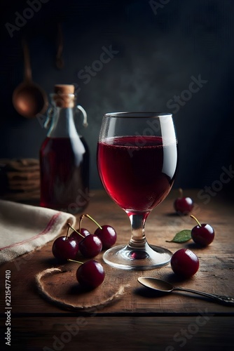 Glass of fresh cherry juice and ripe cherries on rustic table in dark moody kitchen