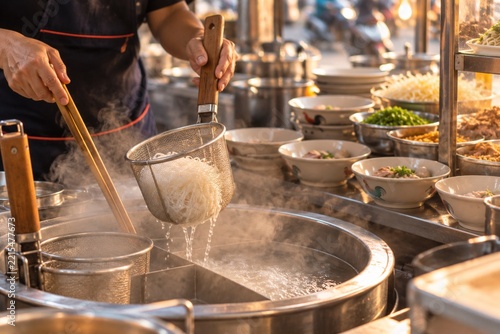 Street vendor's hands blanching rice noodles in strainer over steaming pot at Thai noodle cart