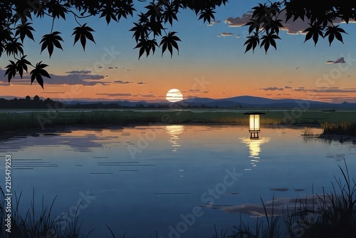 Harvest moon over a quiet maple pond at dusk with copy space