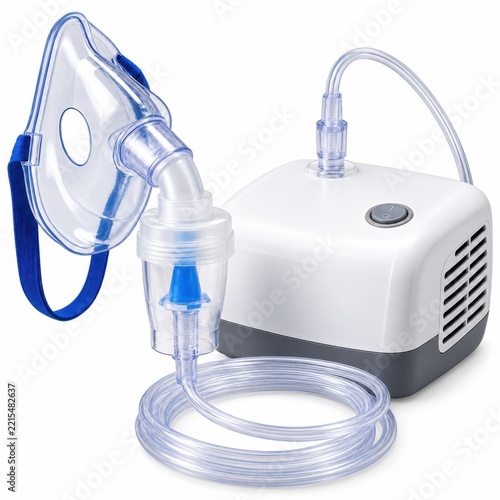 Portable Medical Nebulizer With Mask And Tubing Isolated White