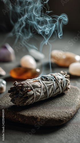 Smoldering bundle of sage in a ceramic bowl releasing thick smoke, ritual cleansing and meditation concept