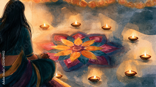 A watercolor illustration of a woman sitting peacefully next to an intricate rangoli pattern surrounded by glowing oil lamps (diyas) during the Diwali festival celebrations.   
