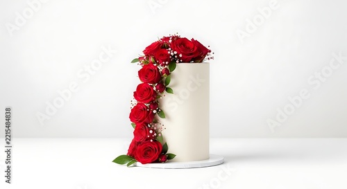 White cake decorated with red roses.