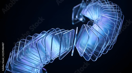 Abstract 3d render of floating glass square plates arranged in a curved spiral formation against a dark background