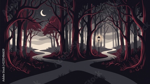 Mysterious winding path through a dark forest at night under a full moon