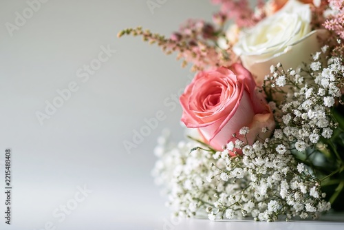 Close-up of a beautiful fresh floral bouquet featuring pink and white roses with baby breath
